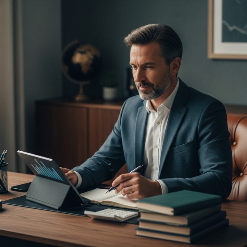 Asmuo, mąsliai tvarkantis pinigus, atspindintis finansinį planavimą ir stabilumą neapibrėžtais ekonomikos laikais.