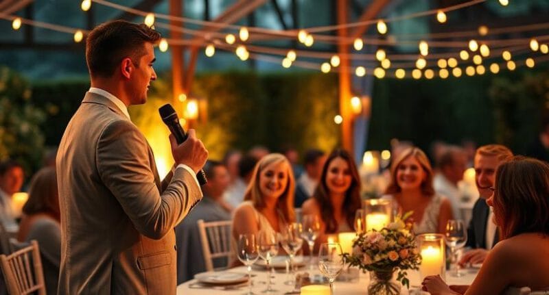 Renginio vedėjas kalba vestuvių svečiams laikydamas mikrofoną, sukurdamas jaukią ir linksmą atmosferą