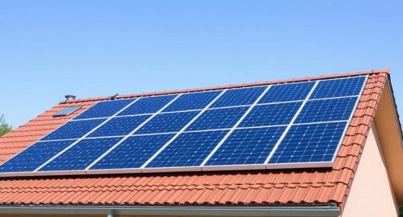 Saulės elektrinės ant modernaus namo stogo saulėtoje dienoje